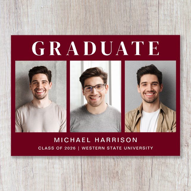 Modern 3 Photo Burgundy Studenten Meddelande (Modern 3 Photo Burgundy Graduation Announcement)