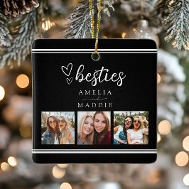 Modern 3 Photo Collage Besties Black and White Julgransprydnad Keramik