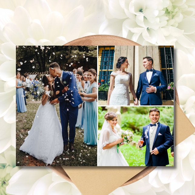 Modern 3 Photo Collage Bröllop Tack Vykort (Modern 3 Photo Collage Wedding Thank You Postcard)