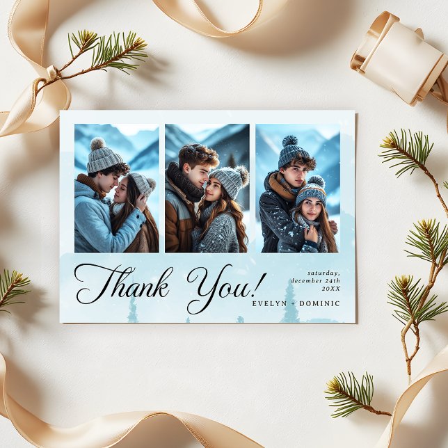 Modern 3 Photo Collage Winter Wedding Tack Kort (Skapare uppladdad)