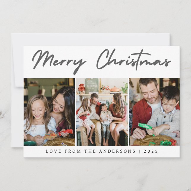 Modern 3 Photo Grid Merry Christmas Family Julkort (Framsida)