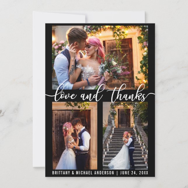 Modern 3 Photo Kärlek och tack Bröllop Kort (Framsida)