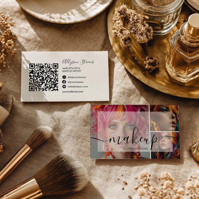Modern 3 Photo Makeup Artist QR Social Media Visitkort (Modern 3 Photo Makeup Artist QR code Social Media Business Card)