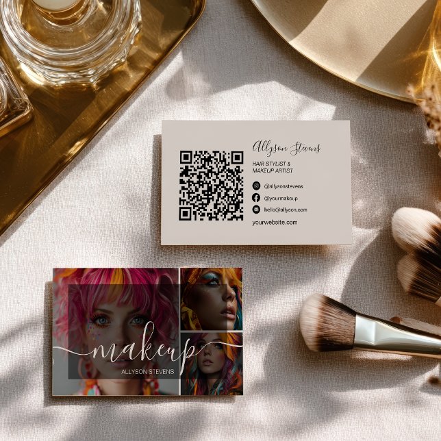 Modern 3 Photo Makeup Artist QR Social Media Visitkort (Modern 3 Photo Makeup Artist QR code Social Media Business Card)