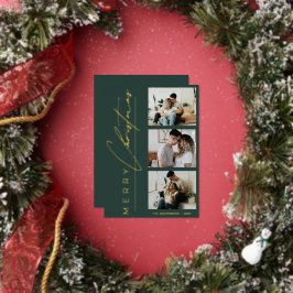 Modern 3 Photo Minimalist Green Christmas Script