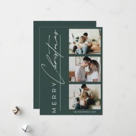 Modern 3 Photo Minimalist Green Christmas Script Julkort