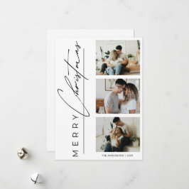 Modern 3 Photo Minimalist Merry Christmas Script Julkort