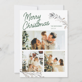 Modern 3 Photos Elegant Christmas Greeting Holiday Julkort