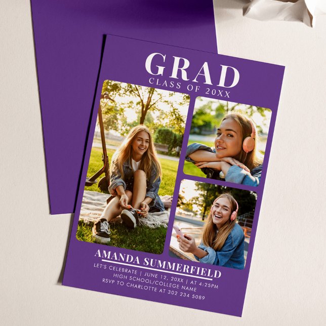 Modern 3 Student Photos Lila Studentfest Inbjudningar (Graduation Photo Collage Purple Grad Party Invitation)