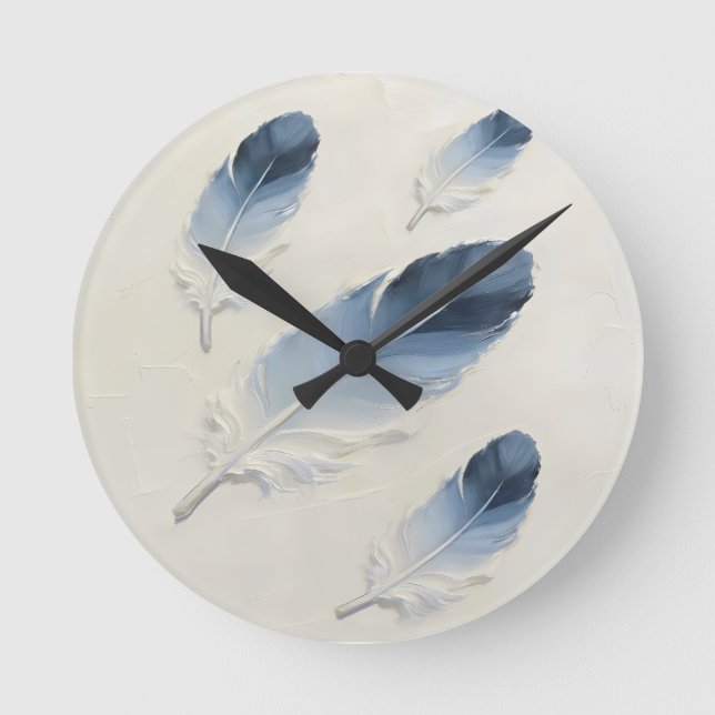 Modern 3D Blå Fjäder Impasto Akryl⁠ Minimalistisk Rund Klocka (Framsida)