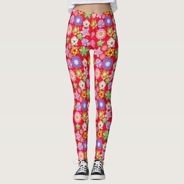 Modern 3D-färgad Blommönster 03x4 Red BG Leggings (Framsida)