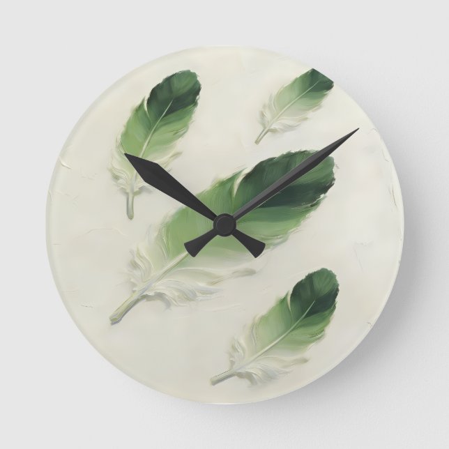 Modern 3D Grön Fjäder Impasto Akryl Minimalistisk Rund Klocka (Framsida)