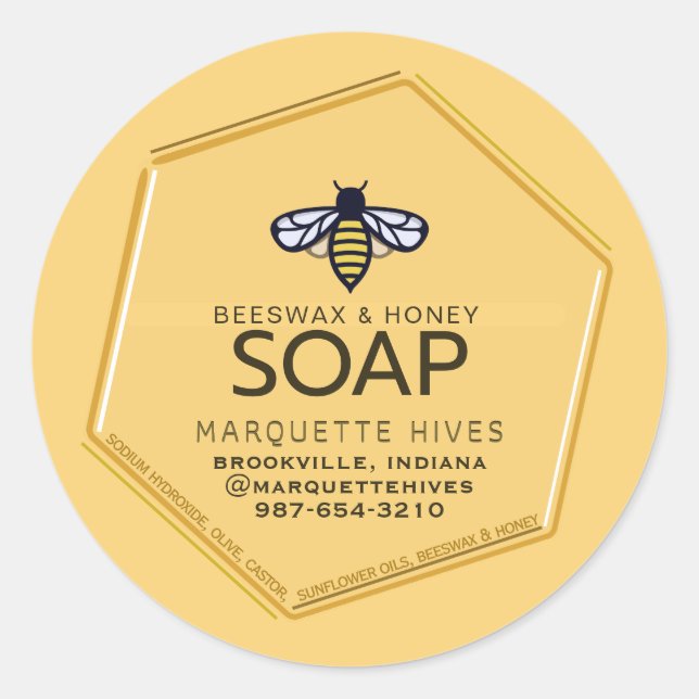 Modern 3D-Gult - Hexagon Stylized Bee Soap Runt Klistermärke (Framsida)