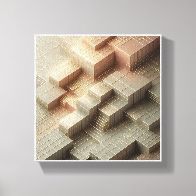 Modern 3D Isometric Geometric Blocks - Gold and Gr Canvastryck (Framsida)