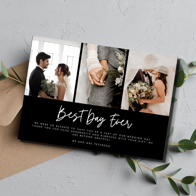 Modern 3Photo Black White Bröllop Tack Kort (Skapare uppladdad)