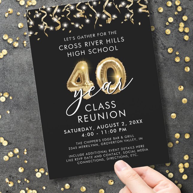 Modern 40-årig klass Reunion Black Guld Streamers Inbjudningar (Skapare uppladdad)