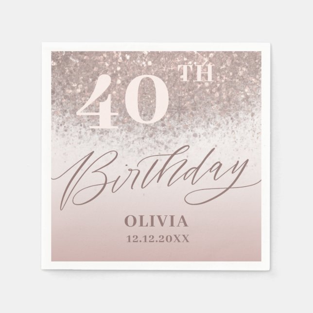 Modern 40-års födelsedagsfest Roséguld Glitter Pappersservett (Framsidan)