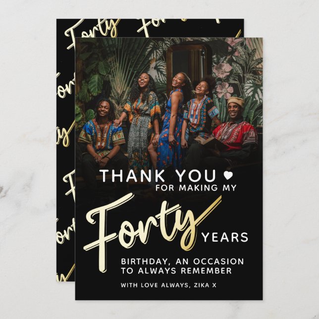 Modern 40-årsdag, svart 40-skripttext från guld tack kort (Fram/baksida)