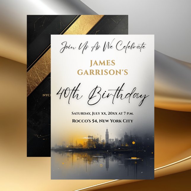 Modern 40th Birthday Party Black with Gold Inbjudningar (Modern 40th Birthday Party Black with Gold Invitation)