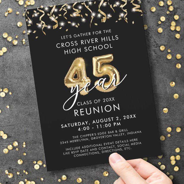 Modern 45-årig klass Reunion Black Guld Streamers Inbjudningar (Skapare uppladdad)