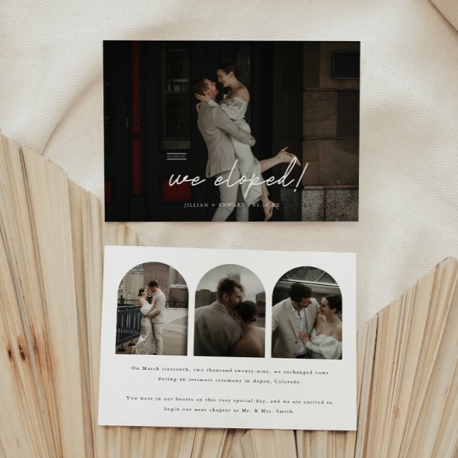 Modern 4-foto Arch Bröllop, "We Elope!" Meddelande (Skapare uppladdad)