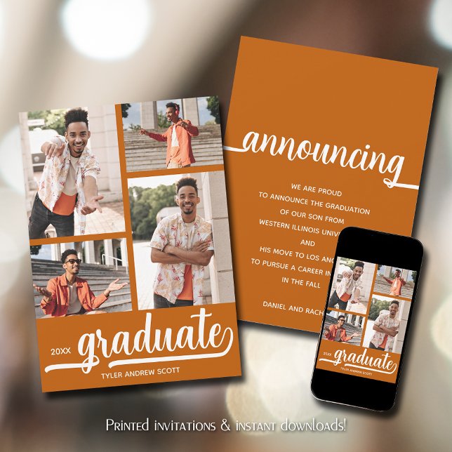 Modern 4 Foto Bränd Orange Examen Meddelande (Modern 4 photo collage burnt orange graduation announcements)