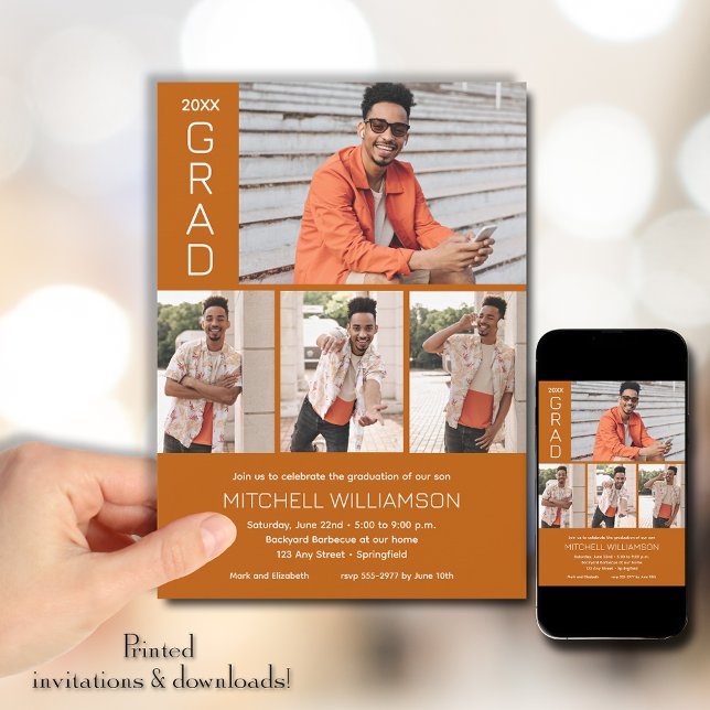 Modern 4-foto-bränd Orange Studenten Inbjudningar (Modern 4 Photo Burnt Orange Graduation Invitations)