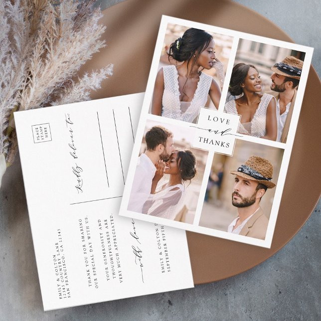 Modern 4-foto Collage Bröllop Tacksamhet Vykort (Front & Back)