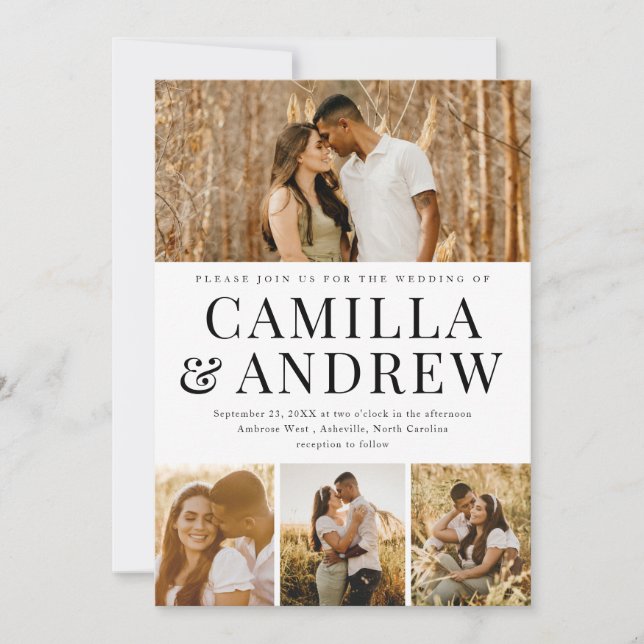 Modern 4-foto Collage Elegant Bröllop Inbjudningar (Framsida)