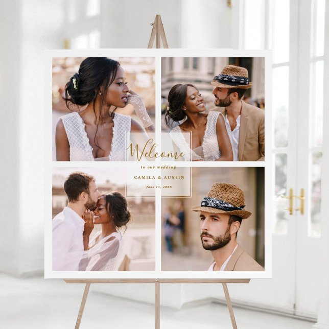 Modern 4-foto Collage Guld Bröllopsvälkomst Fyrkan Poster (Skapare uppladdad)