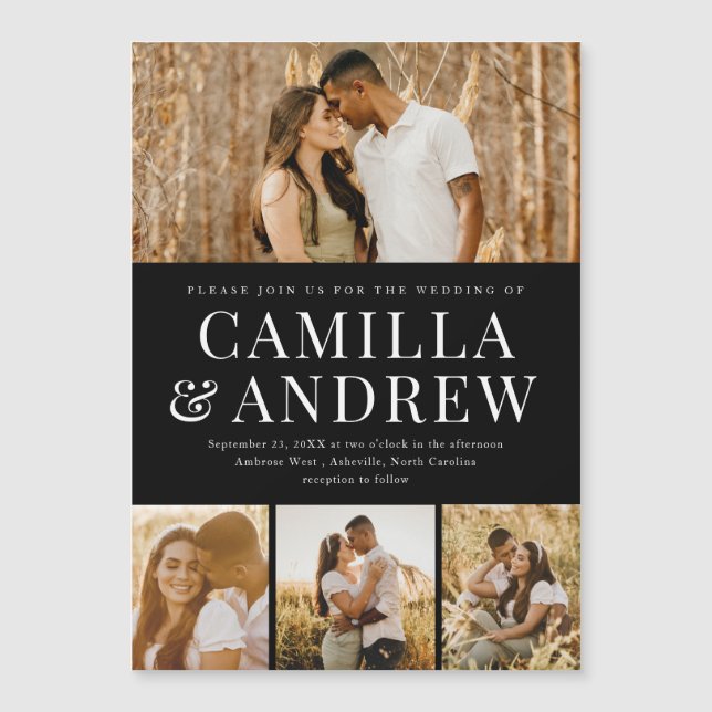 Modern 4 Foto Elegant Bröllop Magnetisk Inbjudningskort (Framsida)