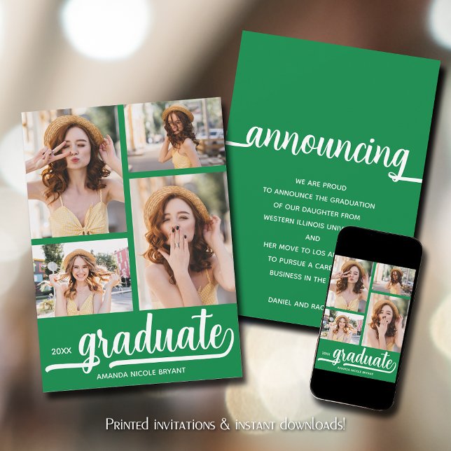 Modern 4-foto-Grönt Studenten Meddelande (Green graduation announcements feature your favorite photos)