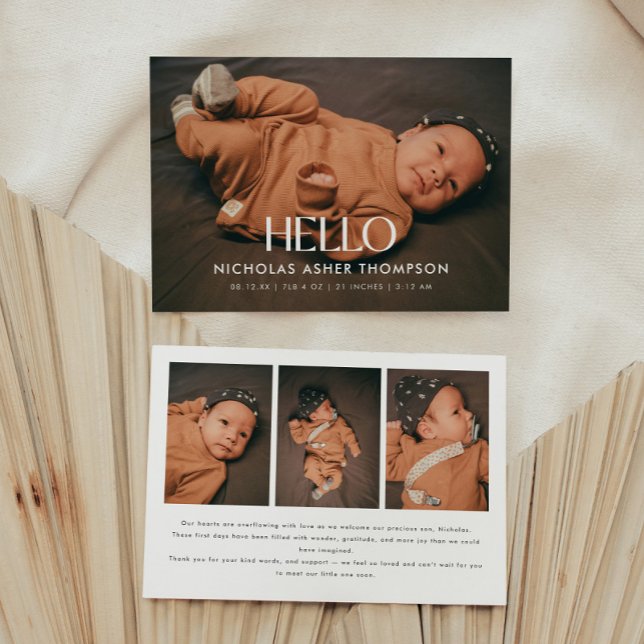 Modern 4-foto "Hej" Ny Bebis Födelse Meddelande (Skapare uppladdad)