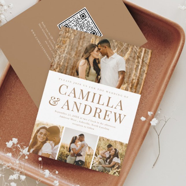 Modern 4-foto QR-kod Osa Elegant bröllop Inbjudningar (A modern typography 4 photo  wedding invitation. The back has a QR Code for guests to easily RSVP.)