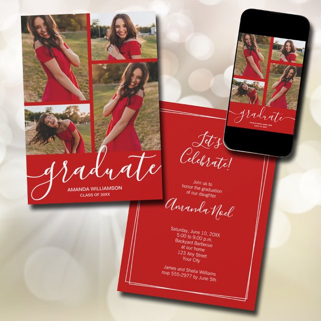 Modern 4-foto-Scarlet Studenten Meddelande (Modern script 4 photo scarlet red graduation announcements - PRINTED and/or INSTANT DOWNLOAD)