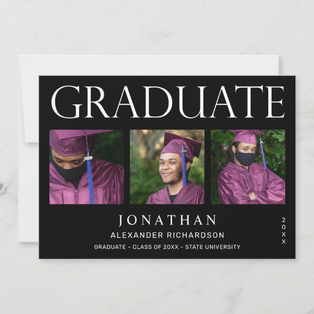 Modern 4-foto-Studenten-varning - svart Inbjudningar (Framsida)
