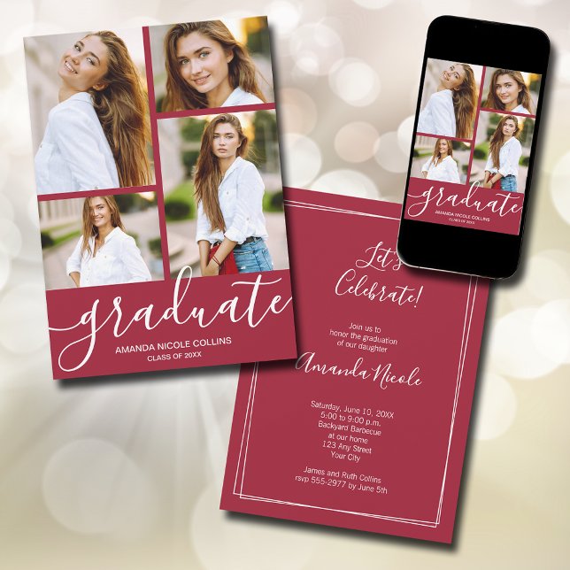 Modern 4 fotobrott Studenten Meddelande (Modern script 4 photo crimson red graduation announcements - PRINTED and/or INSTANT DOWNLOAD)