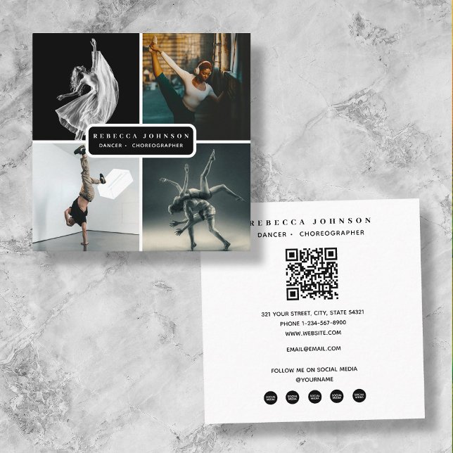 Modern 4-fotodansare Choreograf QR-kod Fyrkantigt Visitkort (Modern 4 Photo Dancer Choreographer QR Code Square Business Card)