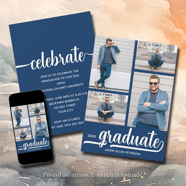 Modern 4 fotokollage Blue Studenten Inbjudningar (Modern 4 photo collage blue  graduation party invitations)