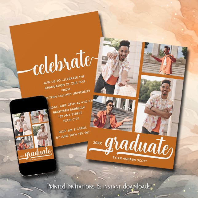 Modern 4 fotokollage Bränn Orange Studenten Inbjudningar (Modern 4 photo collage burnt orange graduation party invitations)