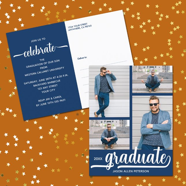 Modern 4-fotokollage-inbjudan till Blue Student Vykort (Modern 4 photo collage blue graduate party invitation postcards)