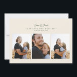 Modern 4 fotokollage-skript kalligrafi bröllop spara datumet<br><div class="desc">Modern 4-fotoskriptkalligrafi bröllop spara datum. Det här eleganten innehåller en fotokollage på 3 bilder framtill och 1 på baksidan med anpassningsbar och bakgrund.kollage</div>