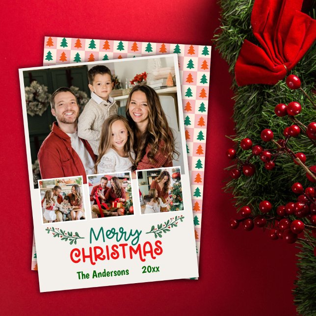 Modern 4-fotokollage söt, enkel jul julkort (Front/Back )