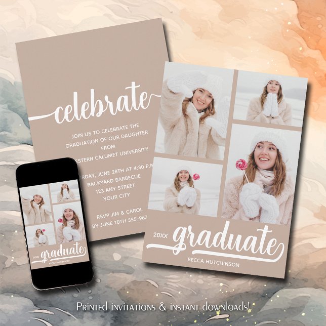 Modern 4 fotokollage Taupe Studenten Inbjudningar (Modern 4 photo collage taupe-beige graduation party invitations)