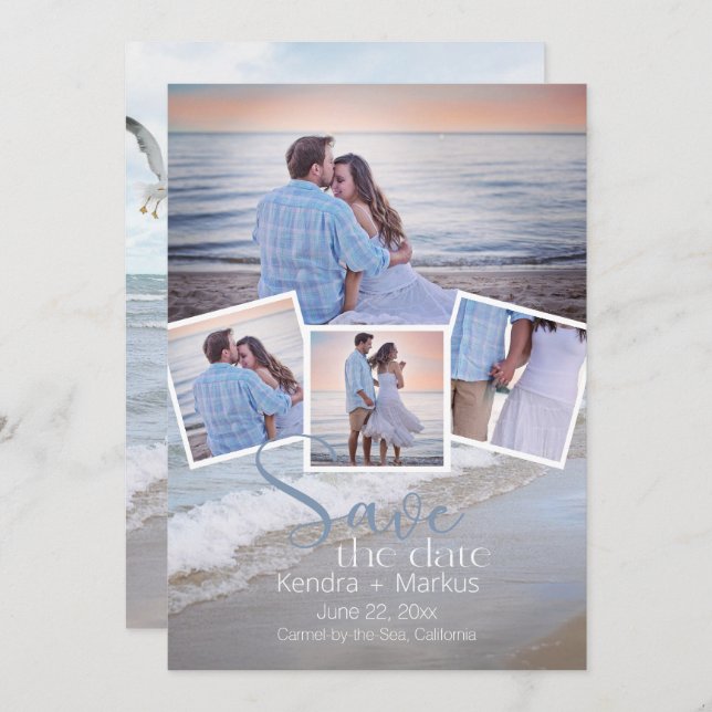 Modern 4 fotokollage typografi Spara datum Inbjudningar (Fram/baksida)