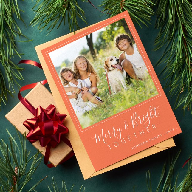 Modern 4 foton Merry och Bright apricot-jul Julkort (Skapare uppladdad)