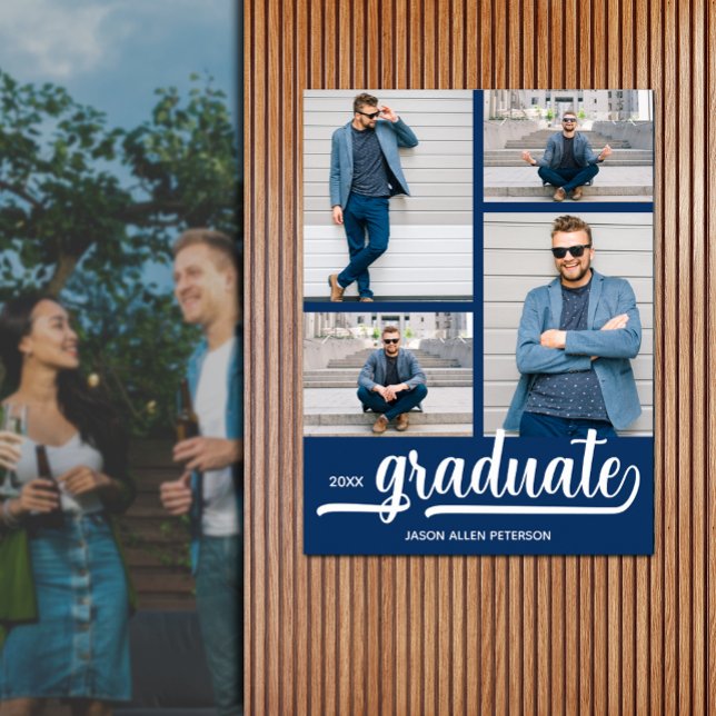 Modern 4 foton på Blue Studenten Poster (Modern 4 photo on blue graduation party poster - PRINTED and/or INSTANT DOWNLOAD)