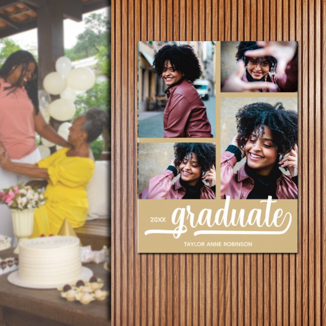 Modern 4 foton på Guld Studenten Poster (Modern 4 photo on gold graduation party poster - PRINTED and/or INSTANT DOWNLOAD)