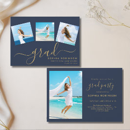 Modern 4 Fotos Kollage Blå Guld Examen Fest Inbjudningar