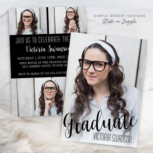 Modern 4 fotosvart och vit Studenten Inbjudningar (Modern Black and White Signature Graduation Announcement with Photo Collage & Elegant Script)